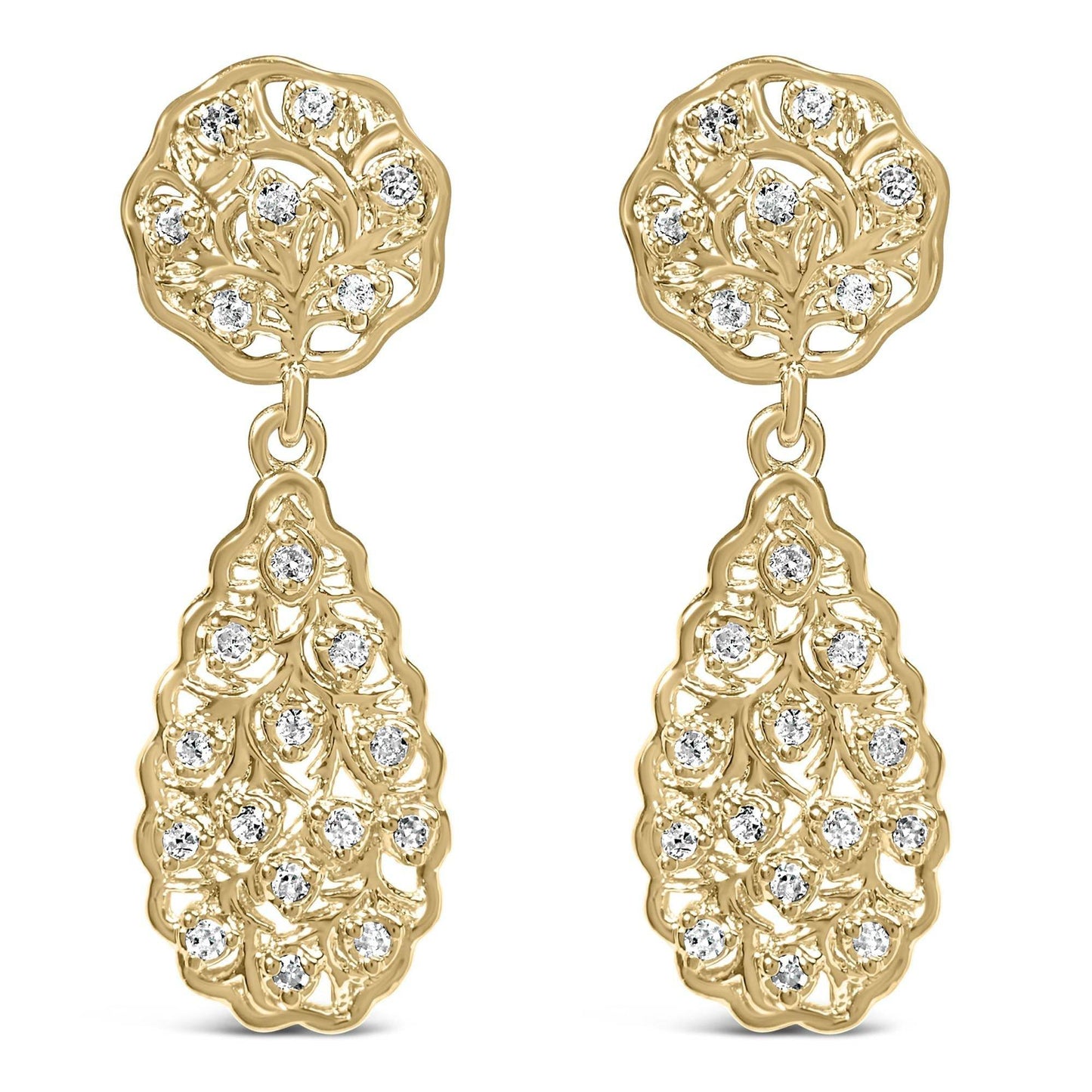 14K Yellow Gold Plated Sterling Silver 1/5 Cttw Diamond Teardrop Filigree Earrings (H-I Color, I1-I2 Clarity) - Bijoux-NYC Direct