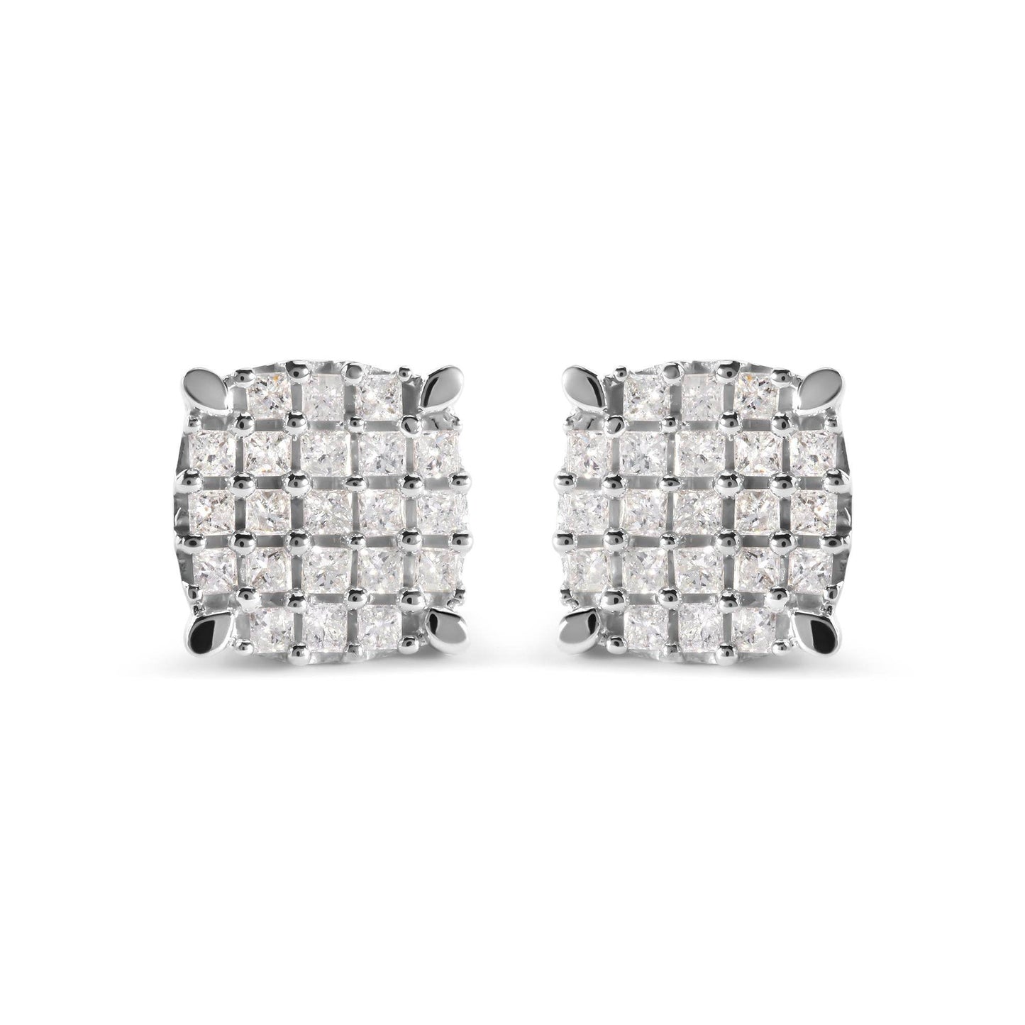 10K White Gold 3/4 Cttw Princess Diamond Composite Cushion Shape Stud Earrings (I-J Color, I1-I2 Clarity) - Bijoux-NYC Direct