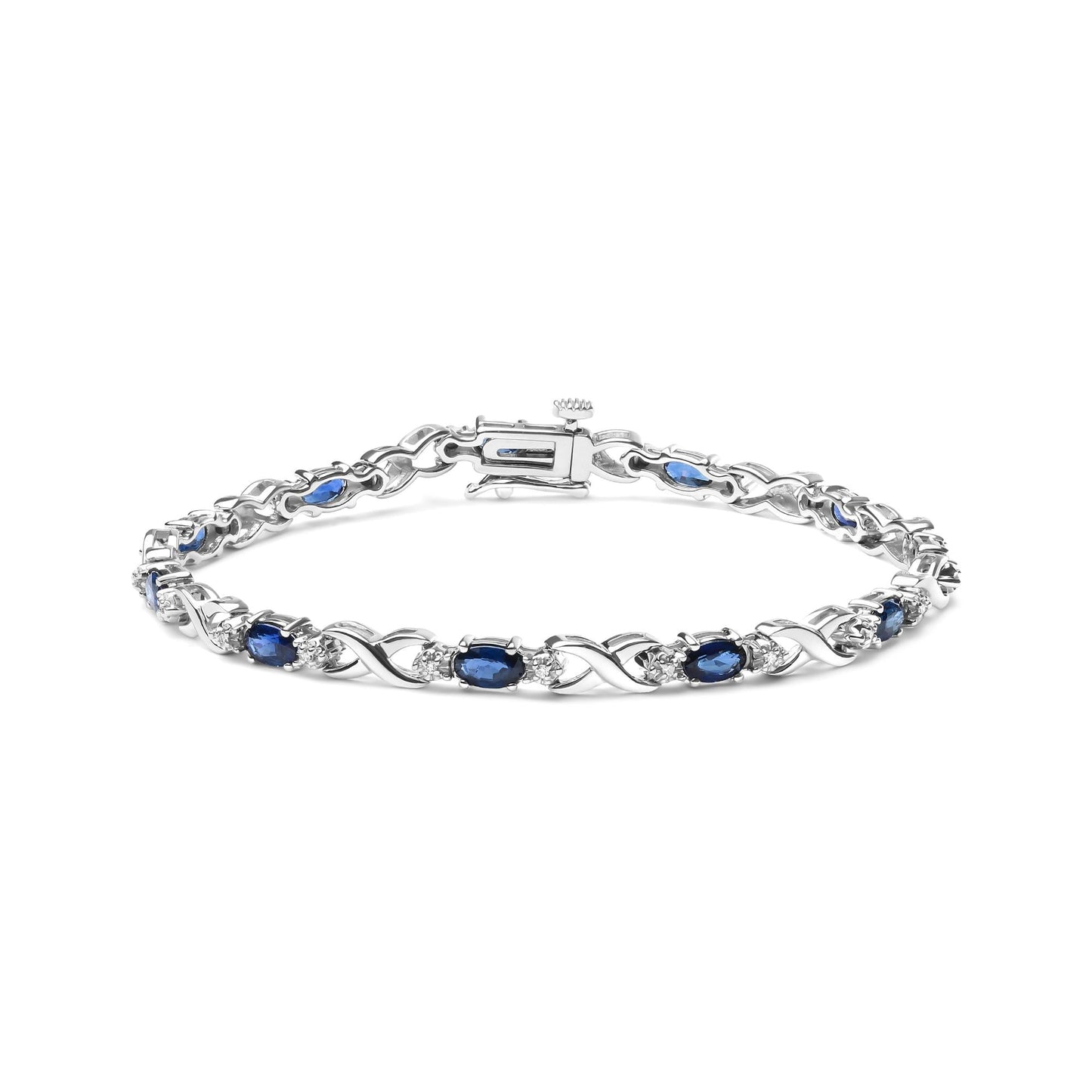 10K White Gold 5x4mm Oval Sapphire Gemstone and 1/10 Cttw Diamond Prong Set "X" Link Bracelet - Size 7" (H-I Color, SI1-SI2 Clarity) - Bijoux-NYC Direct