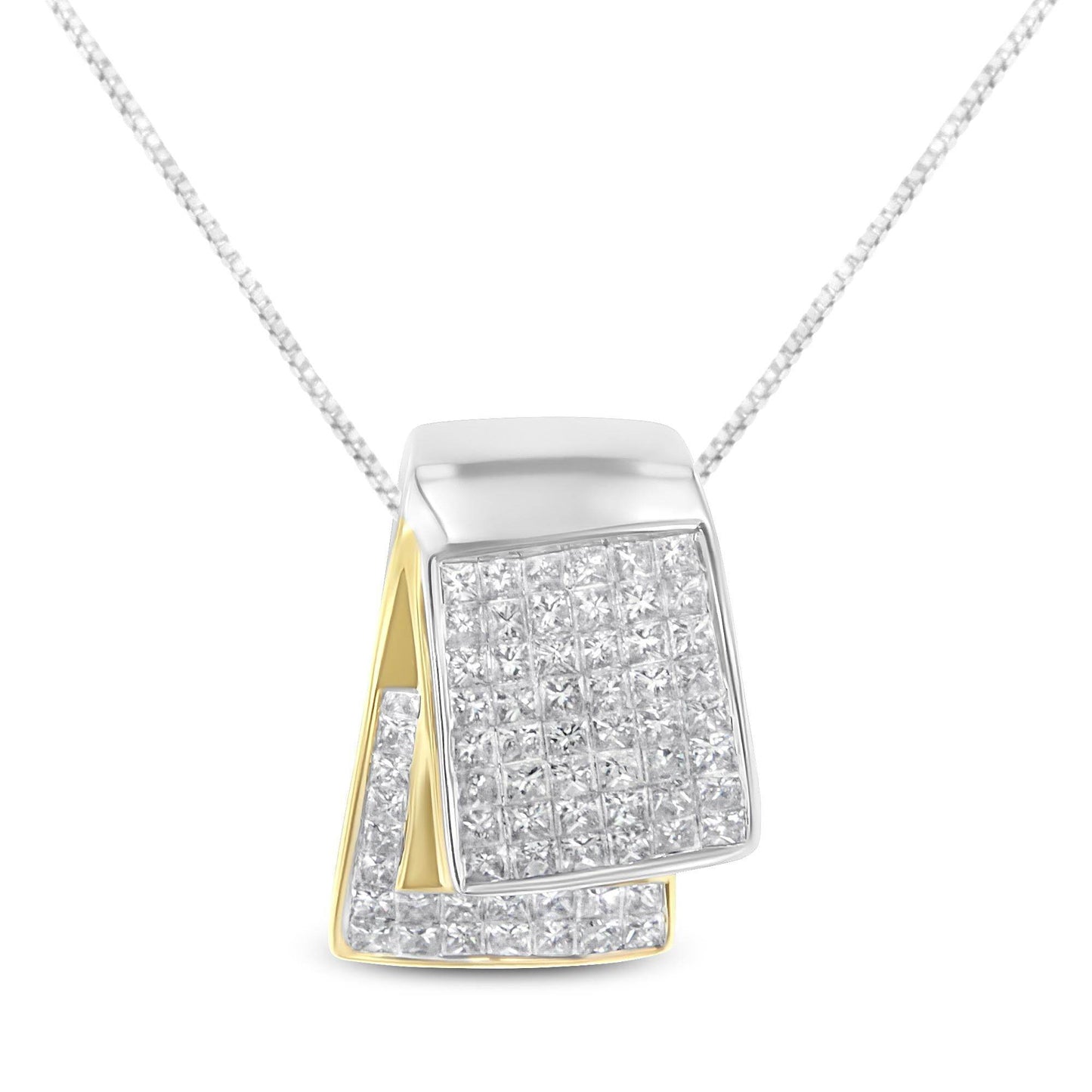 14K White and Yellow Gold 2.0 Cttw Princess Cut Diamond Two Tone Foldover Box Pendant 18” Box Chain Necklace (H-I Color, SI1-SI2 Clarity) - Bijoux-NYC Direct