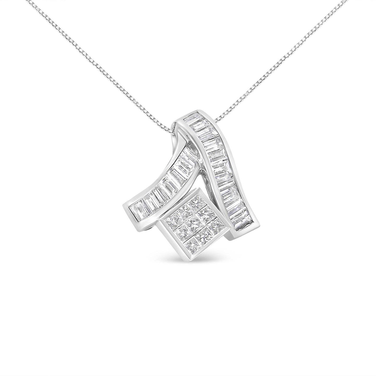 14K White Gold 1 7/8 cttw Princess and Baguette Cut Mixed Geometry Diamond Pendant Necklace (G-H, SI1-SI2) - Bijoux-NYC Direct
