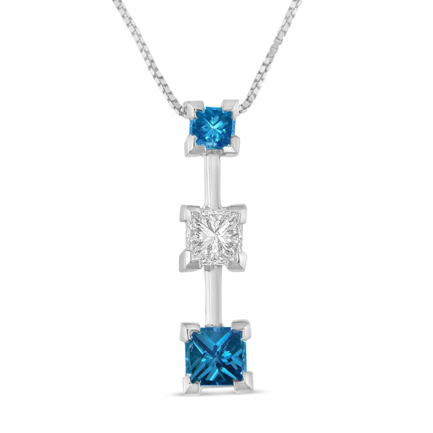 14K White Gold 7/8 cttw Treated Blue and White Princess Cut Diamond Pendant Necklace (H-I, SI2-I1) - Bijoux-NYC Direct