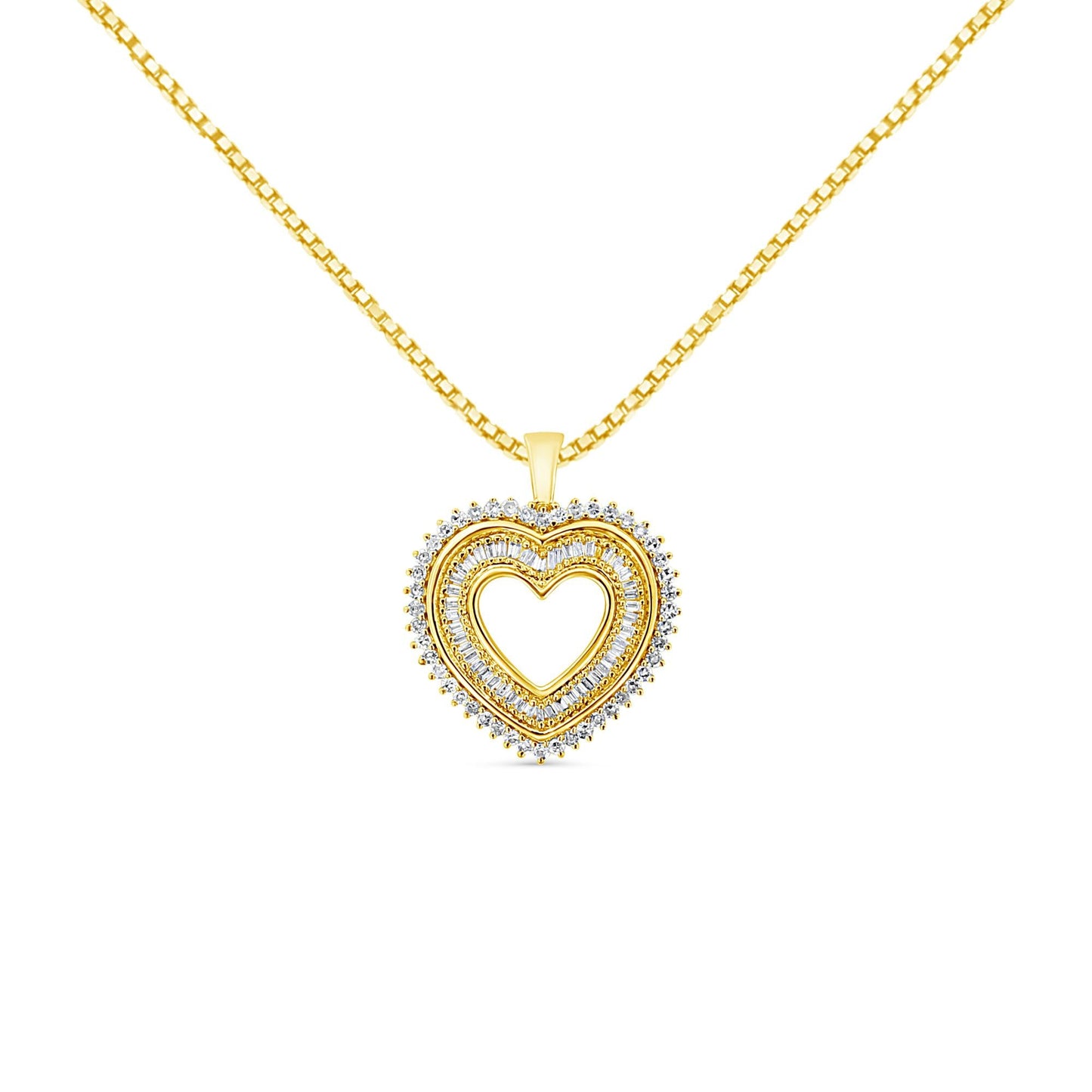 14K Yellow Gold Plated .925 Sterling Silver 1.0 Cttw Round and Baguette-Cut Diamond Composite Hearth 18" Pendant Necklace (I-J Color, I1-I2 Clarity) - Bijoux-NYC Direct