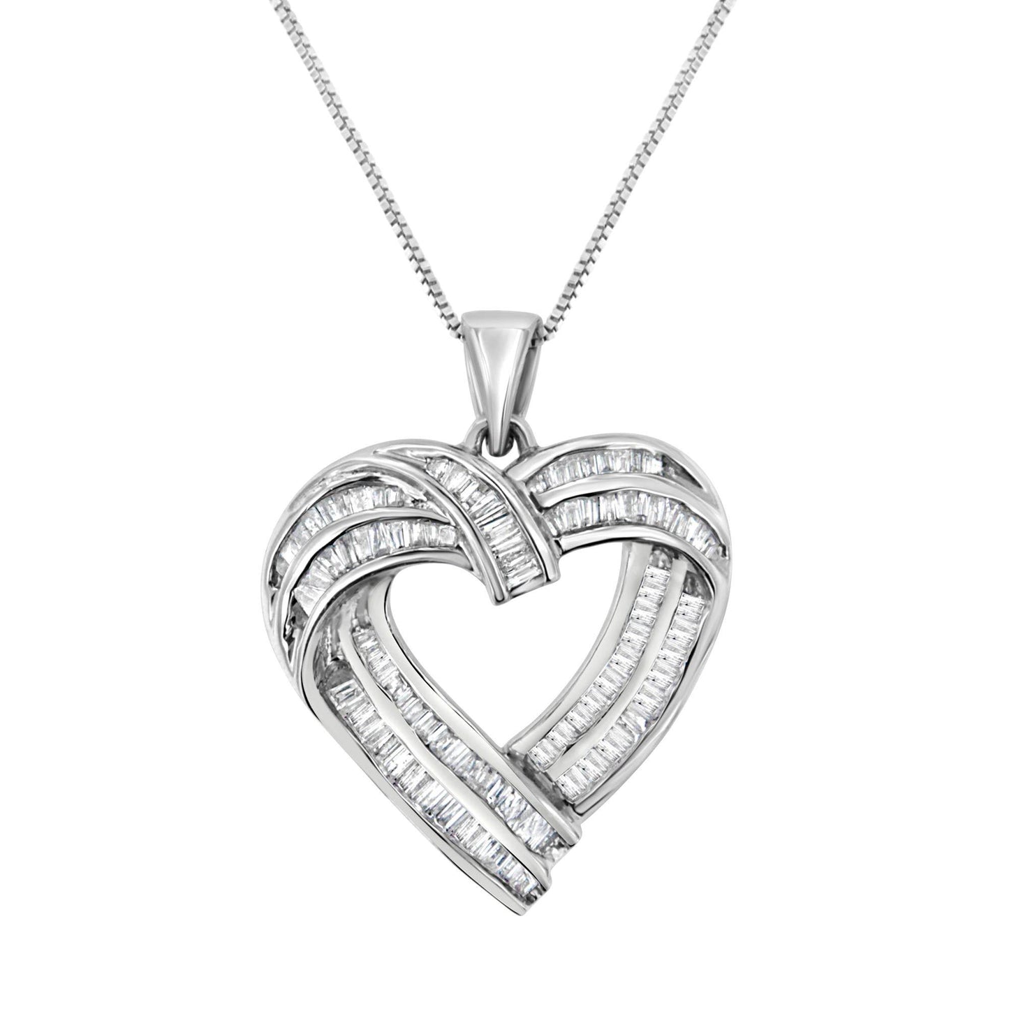 Sterling Silver 7/8 cttw Baguette Diamond Heart Pendant Necklace (I-J, I2-I3) - Bijoux-NYC Direct