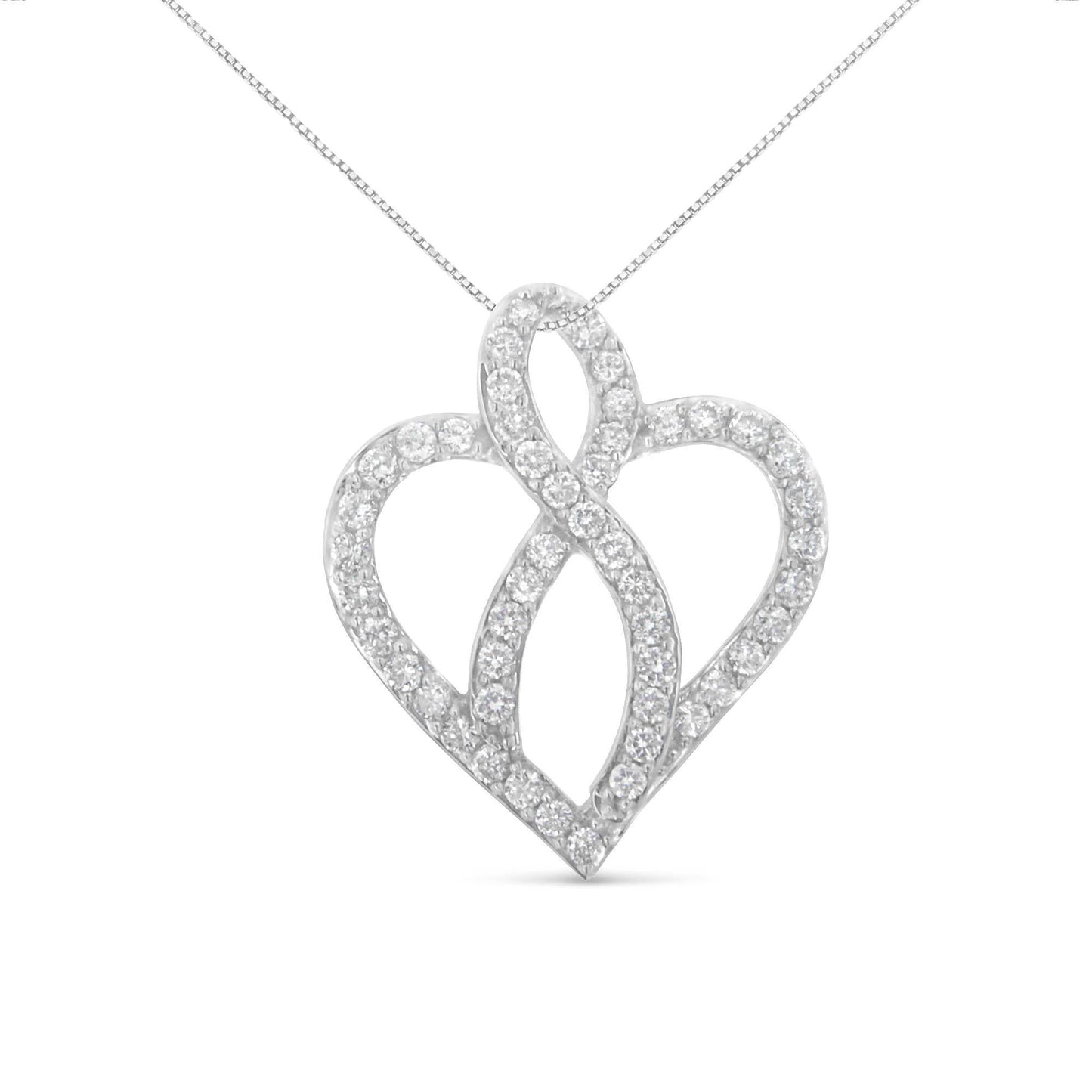 14KT White Gold 1 cttw Diamond Heart Ribbon Pendant Necklace (H-I, I1-I2) - Bijoux-NYC Direct