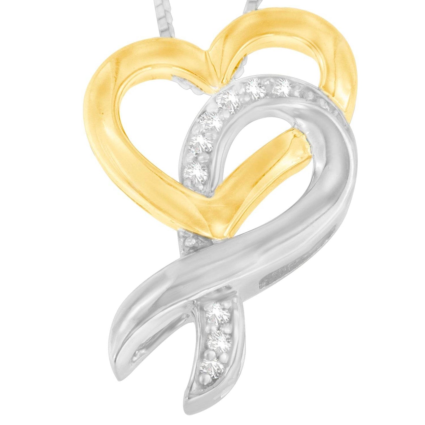 10K Yellow Gold and .925 Sterling Silver 1/20 cttw Diamond Ribbon-Heart Pendant Necklace (H-I, I1-I2) - Bijoux-NYC Direct