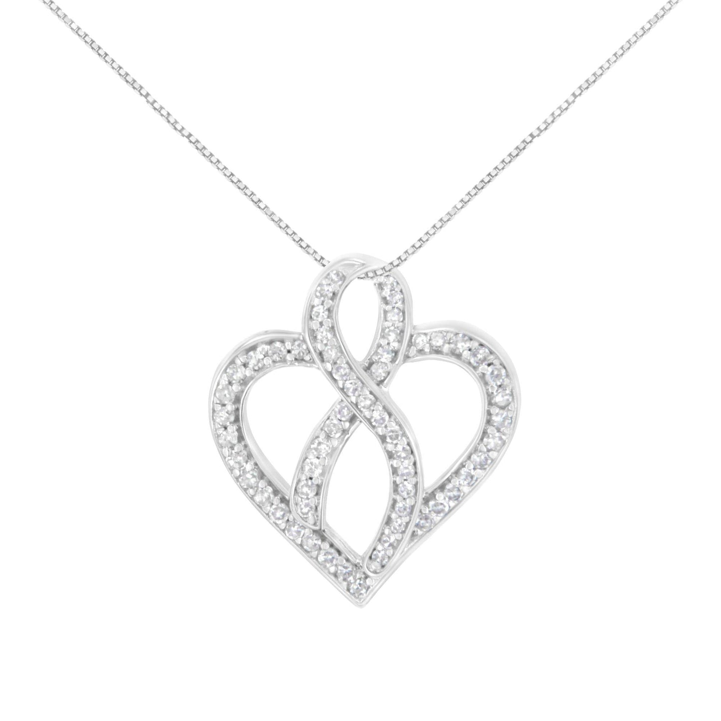 14K White Gold 1/4 cttw Round Cut Diamond Heart and Ribbon Center Pendant Necklace (H-I, I1-I2) - Bijoux-NYC Direct