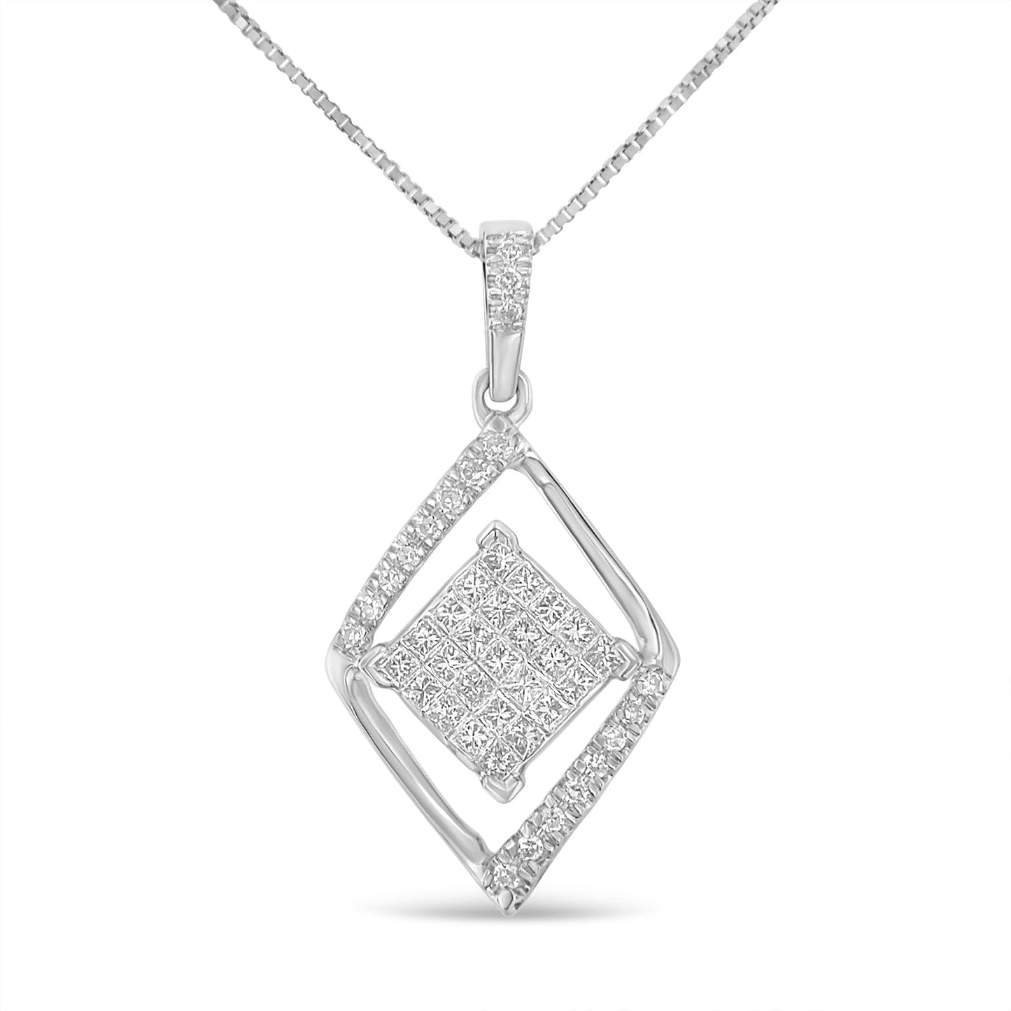 10k White Gold 1/3 Cttw Round and Princess-Cut Diamond Double Triangle 18" Pendant Necklace (H-I Color, SI1-SI2 Clarity) - Bijoux-NYC Direct