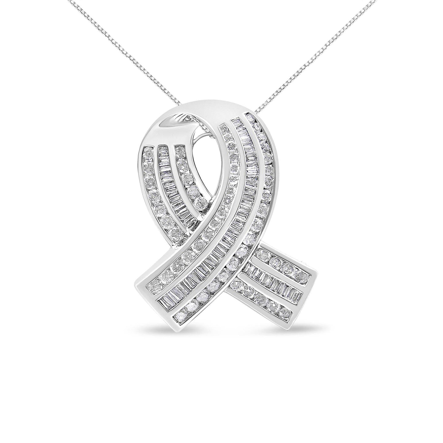 14K White Gold 2 5/8 Cttw Channel Set Round and Baguette Diamond Awareness Ribbon Pendant (H-I Color, I1-I2 Clarity) - Chain Not Included - Bijoux-NYC Direct