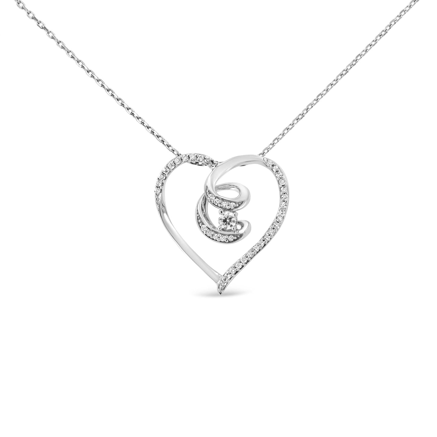 .925 Sterling Silver 1/4 Cttw Brilliant-Cut Diamond Open Heart Twisted Awareness Ribbon 18" Pendant Necklace (H-I Color, I1-I2 Clarity) - Bijoux-NYC Direct