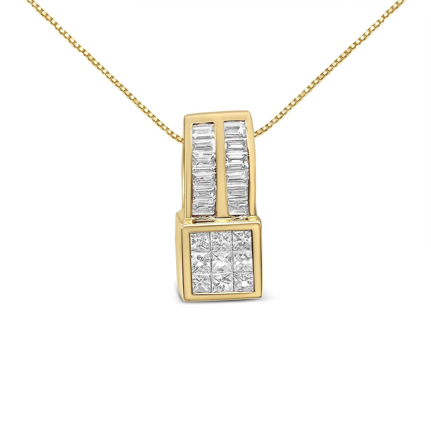 14K Yellow Gold 1 1/4 cttw Princess and Baguette Cut Geometric Inspired Diamond Pendant Necklace (H-I, VS1-VS2) - Bijoux-NYC Direct