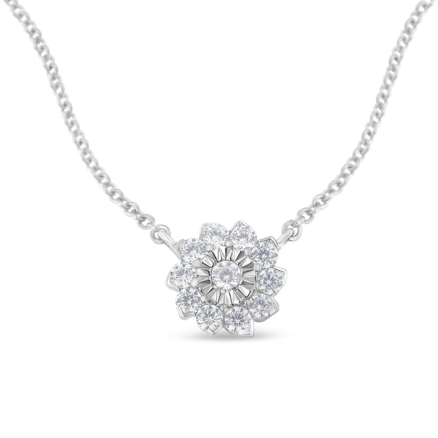 .925 Sterling Silver 1/2 Cttw Diamond Miracle Set Flower Cluster Pendant Necklace with Cable Chain (I-J Color, I1-I2 Clarity) - 18” - Bijoux-NYC Direct