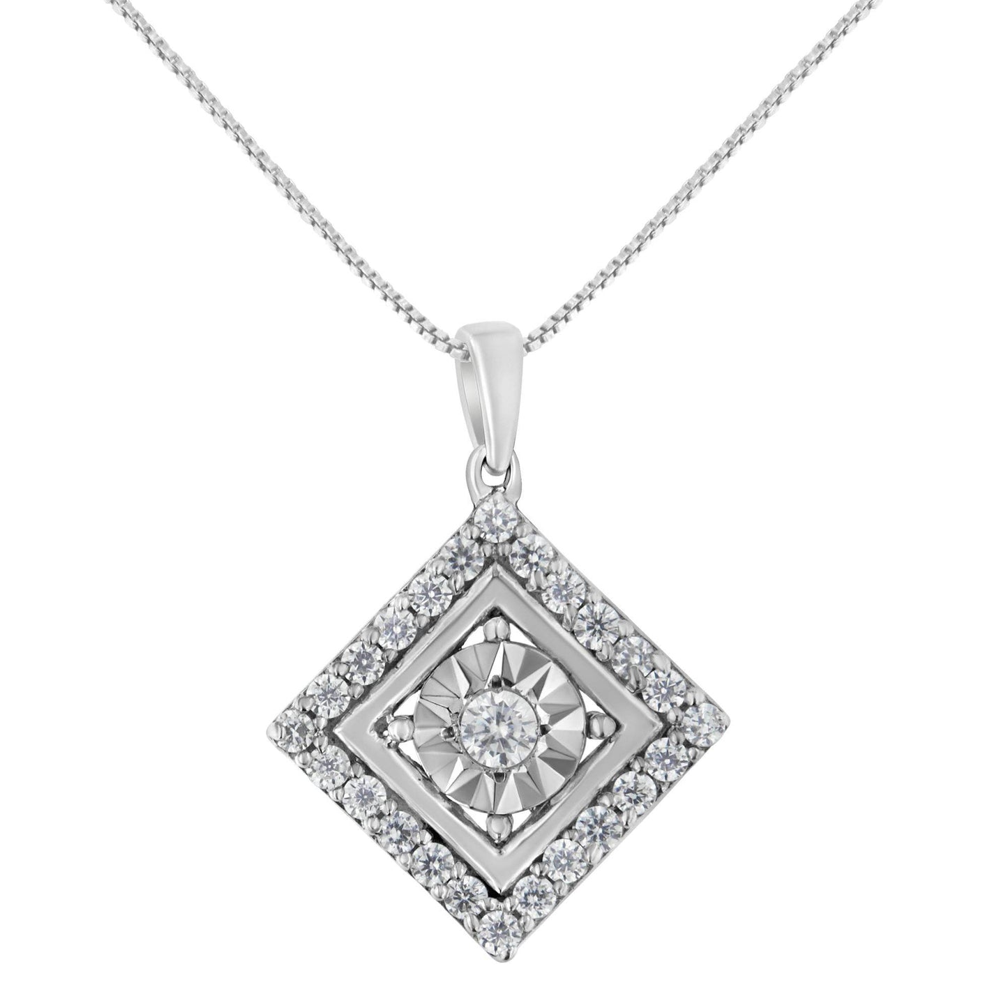 10KT White Gold 1/2 cttw Diamond Square Pendant Necklace (I-J Color, I2-I3 Clarity) - Bijoux-NYC Direct