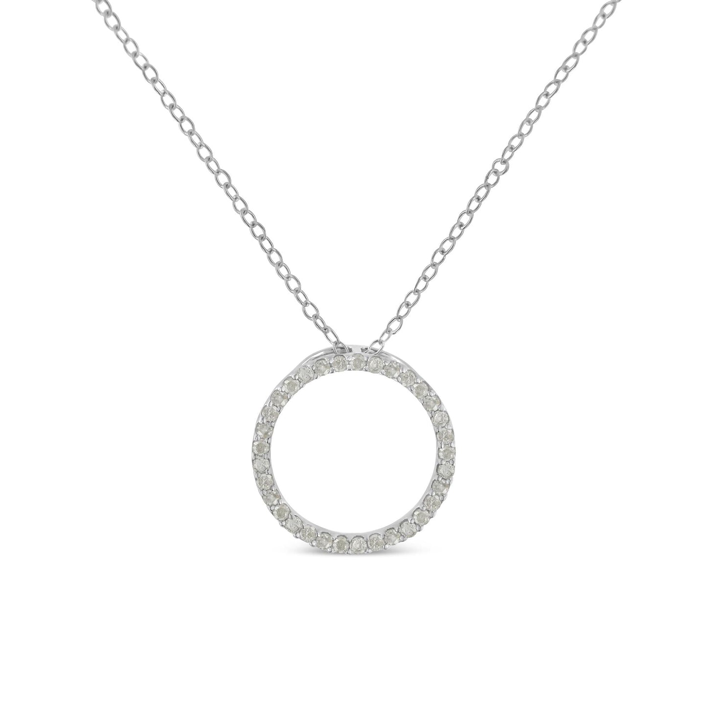 .925 Sterling Silver 1/3 Cttw Round-Cut Diamond Open Circle Halo 18" Pendant Necklace (I-J Color, I2-I3 Clarity) - Bijoux-NYC Direct