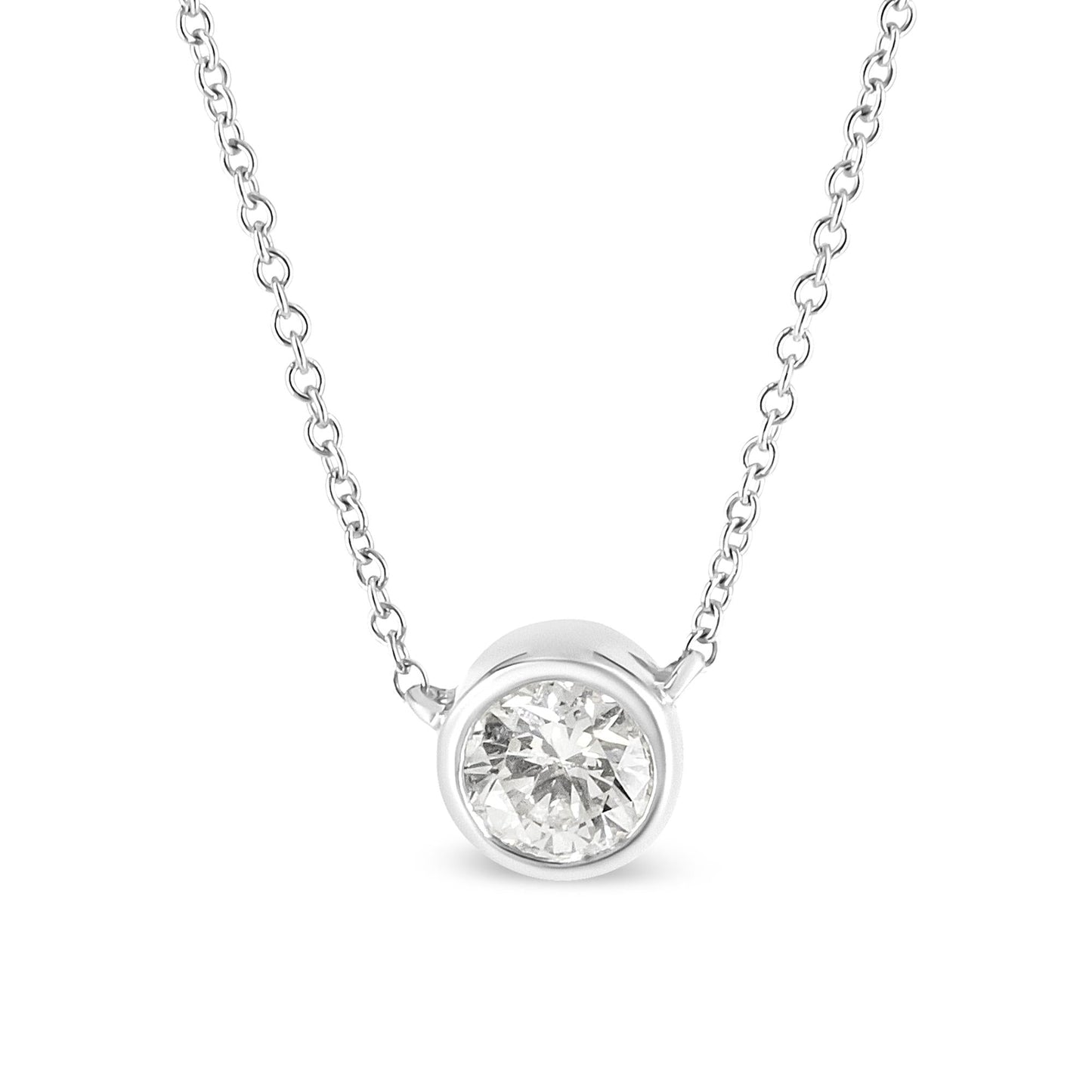 10K White Gold 1/3 Cttw Round Bezel-Set Diamond Solitaire Pendant Necklace (I-J Color, I1-I2 Clarity) - Adjustable 16-18" - Bijoux-NYC Direct