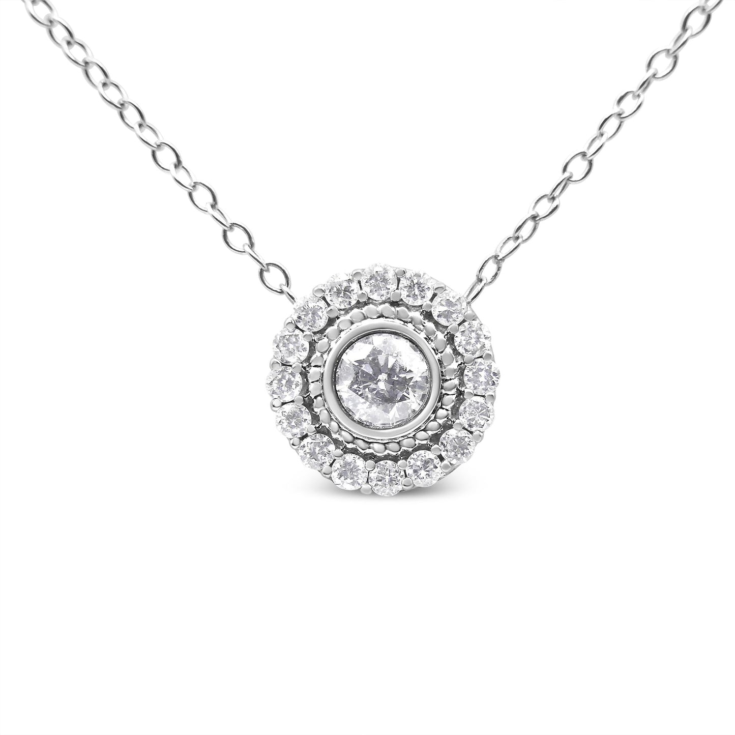 .925 Sterling Silver 1/2 Cttw Round Diamond Halo Circle Pendant 18" Necklace (I-J Color, I2-I3 Clarity) - Bijoux-NYC Direct