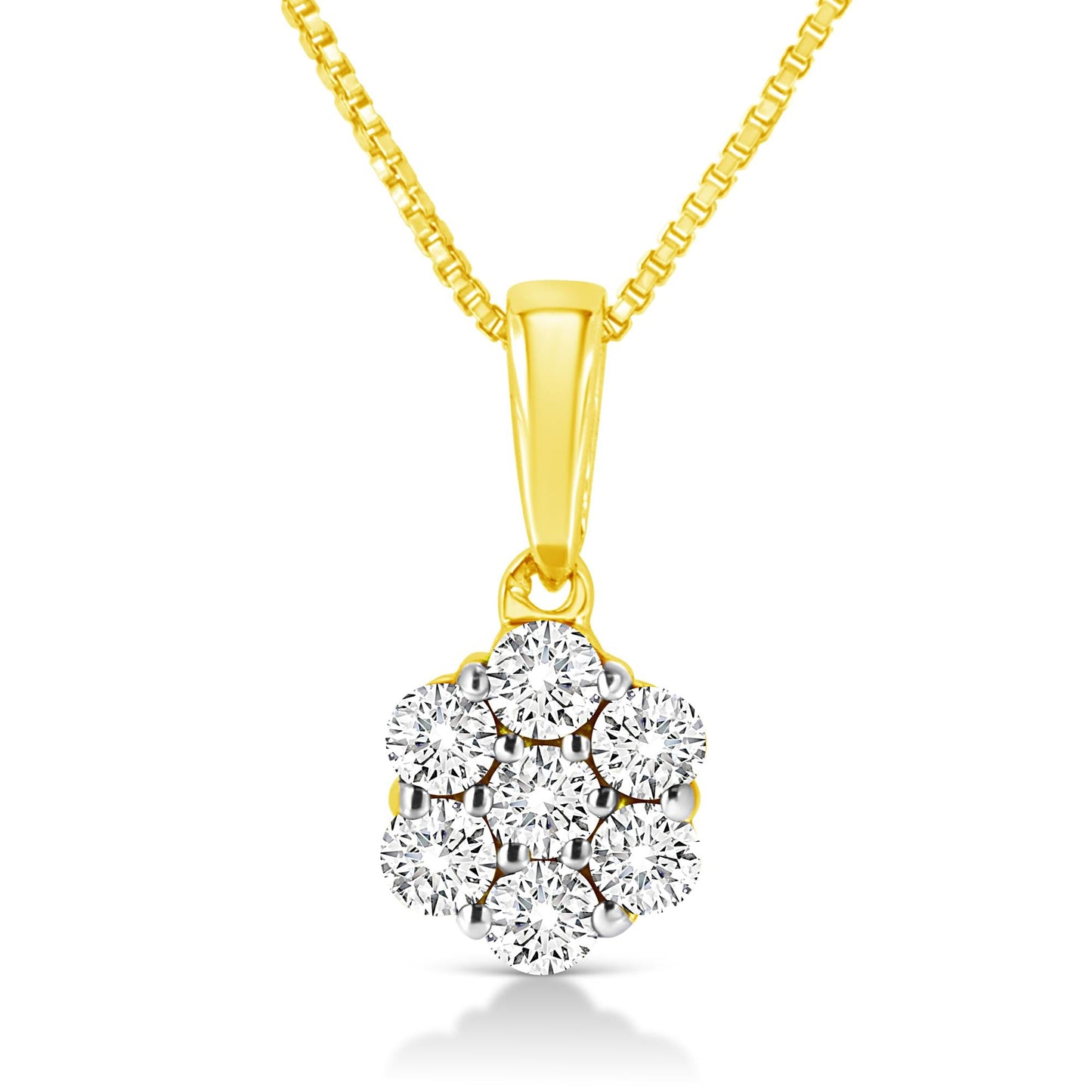 14K Yellow Gold 1/4 Cttw Prong Set Round-Cut Diamond 7 Stone Floral Cluster 18" Pendant Necklace (H-I Color, I1-I2 Clarity) - Bijoux-NYC Direct