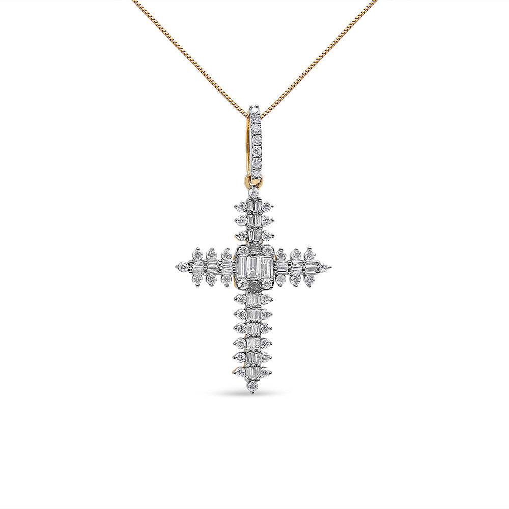 10K Yellow Gold 7/8 Cttw Round & Baguette Diamond Zigzag Pattern Cross Pendant Necklace (H-I Color, SI2-I1 Clarity) - NO CHAIN INCLUDED - Bijoux-NYC Direct