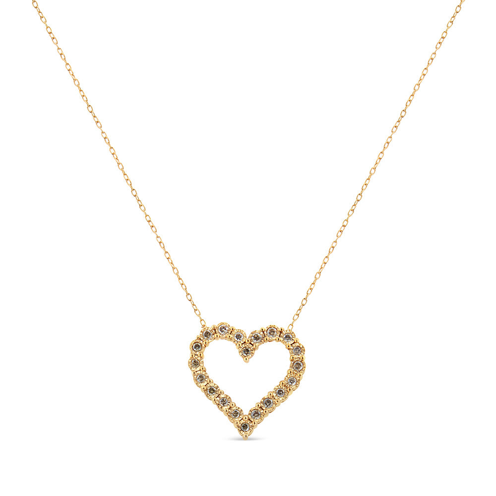 10K Yellow Gold Flashed .925 Sterling Silver 1/2 Cttw Champagne Diamond Miracle Plate Heart Pendant Necklace (K-L Color, I1-I2 Clarity) - 18" - Bijoux-NYC Direct