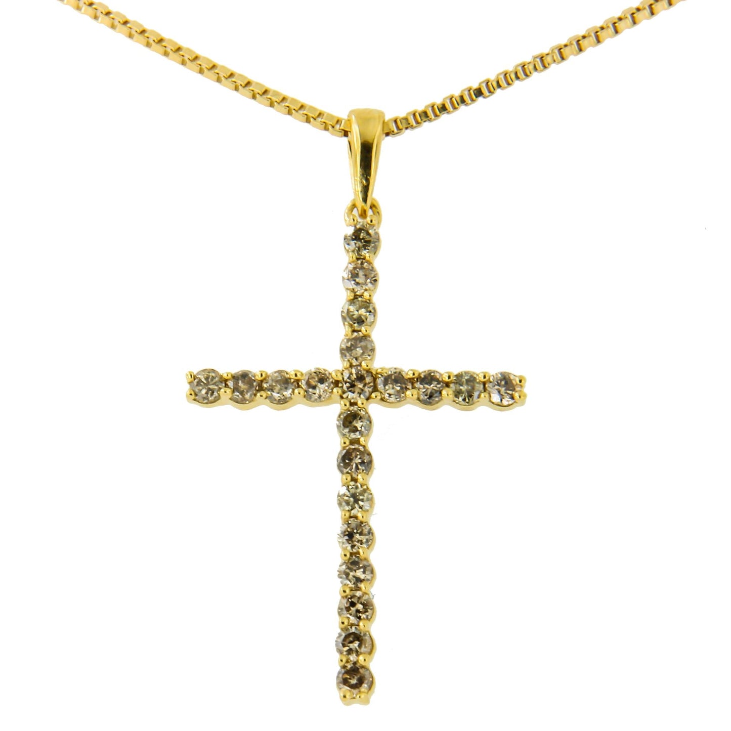 14K Yellow Gold Plated .925 Sterling Silver 1/2 Cttw Champagne Diamond Cross Pendant Necklace (K-L Color, I1-I2 Clarity) - 18" - Bijoux-NYC Direct