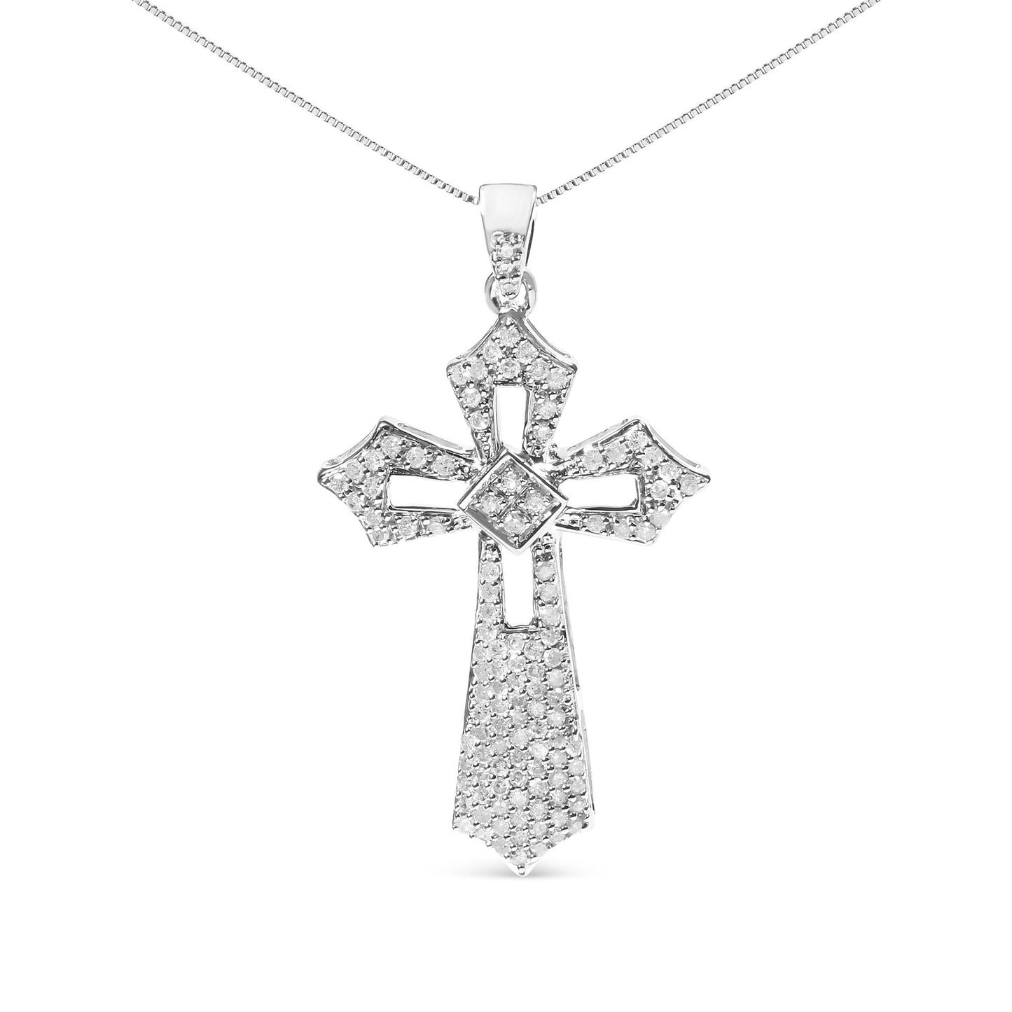 .925 Sterling Silver 1.00 Cttw Diamond Fleur De Lis Cross 18" Pendant Necklace (H-I Color, I2-I3 Clarity) - Bijoux-NYC Direct