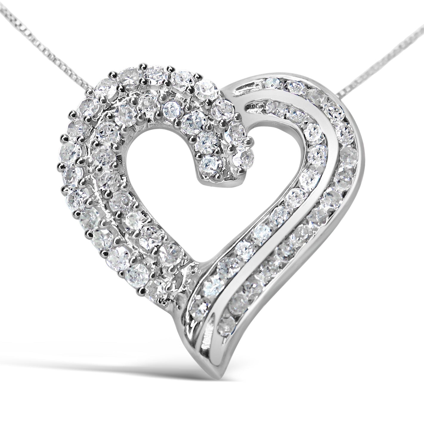 .925 Sterling Silver 1.0 Cttw Prong & Channel-Set Diamond Open work Ribbon Heart Pendant 18" Necklace (I-J Color, I3 Clarity) - Bijoux-NYC Direct