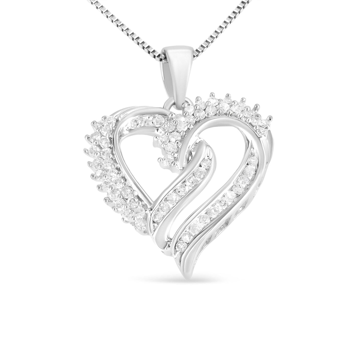 .925 Sterling Silver 1/2 Cttw Diamond Double Row Openwork Heart Pendant 18" Necklace (I-J Color, I3 Clarity) - Bijoux-NYC Direct