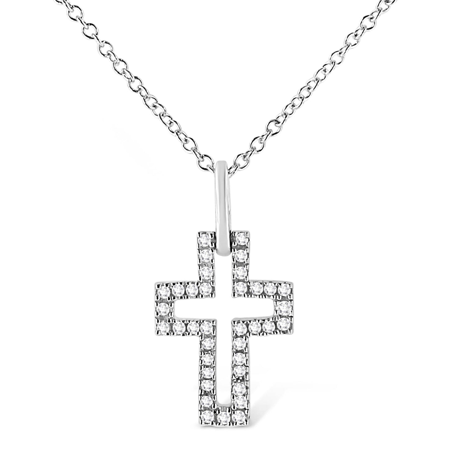 .925 Sterling Silver 1/10 cttw Pave-Set Round-Cut Diamond Open Cross 18" Pendant Necklace (I-J Color, I1-2 Clarity) - Bijoux-NYC Direct