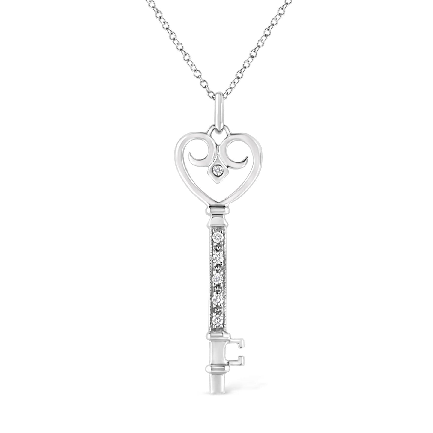 .925 Sterling Silver Pave and Bezel-Set Diamond Accent Key 18" Heart and Lock Pendant Necklace (K-L Color, I1-I2 Clarity) - Bijoux-NYC Direct
