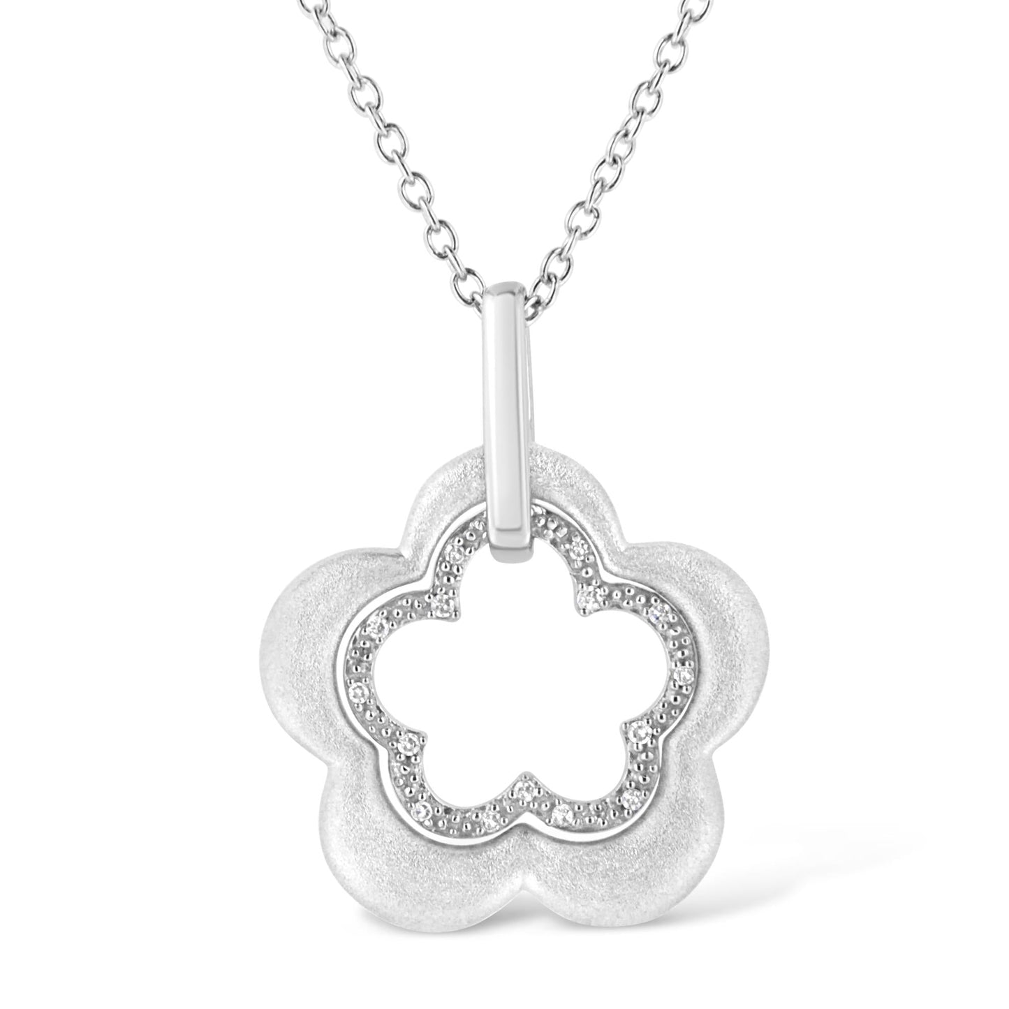 Matte Finished .925 Sterling Silver Diamond Accent Double Flower Shape 18" Satin Finished Pendant Necklace (I-J Color, I1-I2 Clarity) - Bijoux-NYC Direct