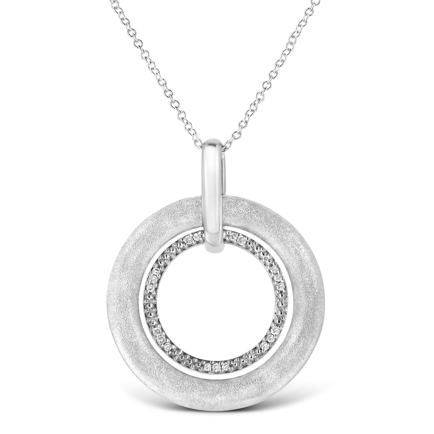 .925 Sterling Silver Prong-Set Diamond Accent Satin Finished Double Circle 18" Pendant Necklace (I-J Color, I1-I2 Clarity) - Bijoux-NYC Direct