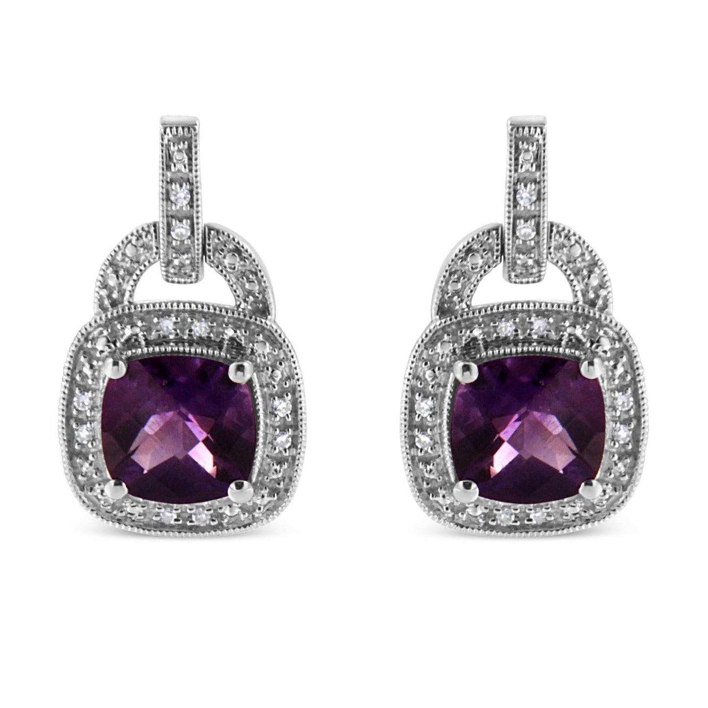 .925 Sterling Silver 8MM Natural Cushion Shaped Amethyst and Diamond Accent Halo with Push Back Dangle Earrings (I-J Color, I2-I3 Clarity) - Bijoux-NYC Direct