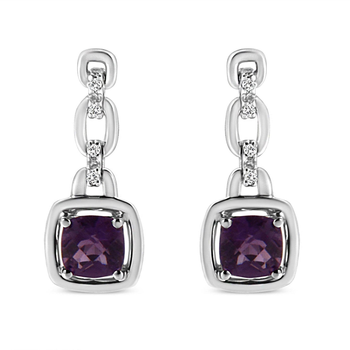 .925 Sterling Silver 6x6MM Cushion Shaped Natural Purple Amethyst and Diamond Accent Drop and Dangle Earrings (I-J Color, I1-I2 Clarity) - Bijoux-NYC Direct