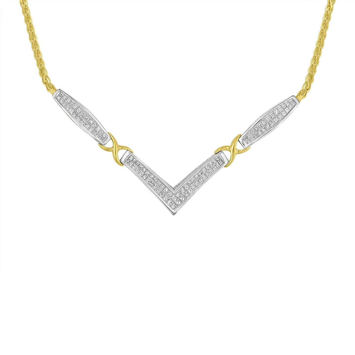 14K Yellow and White Gold 2.0 Cttw Princess Cut Diamond Flared and X-Station V Shaped 18” Franco Chain Statement Necklace (H-I Color, SI2-I1 Clarity) - Bijoux-NYC Direct