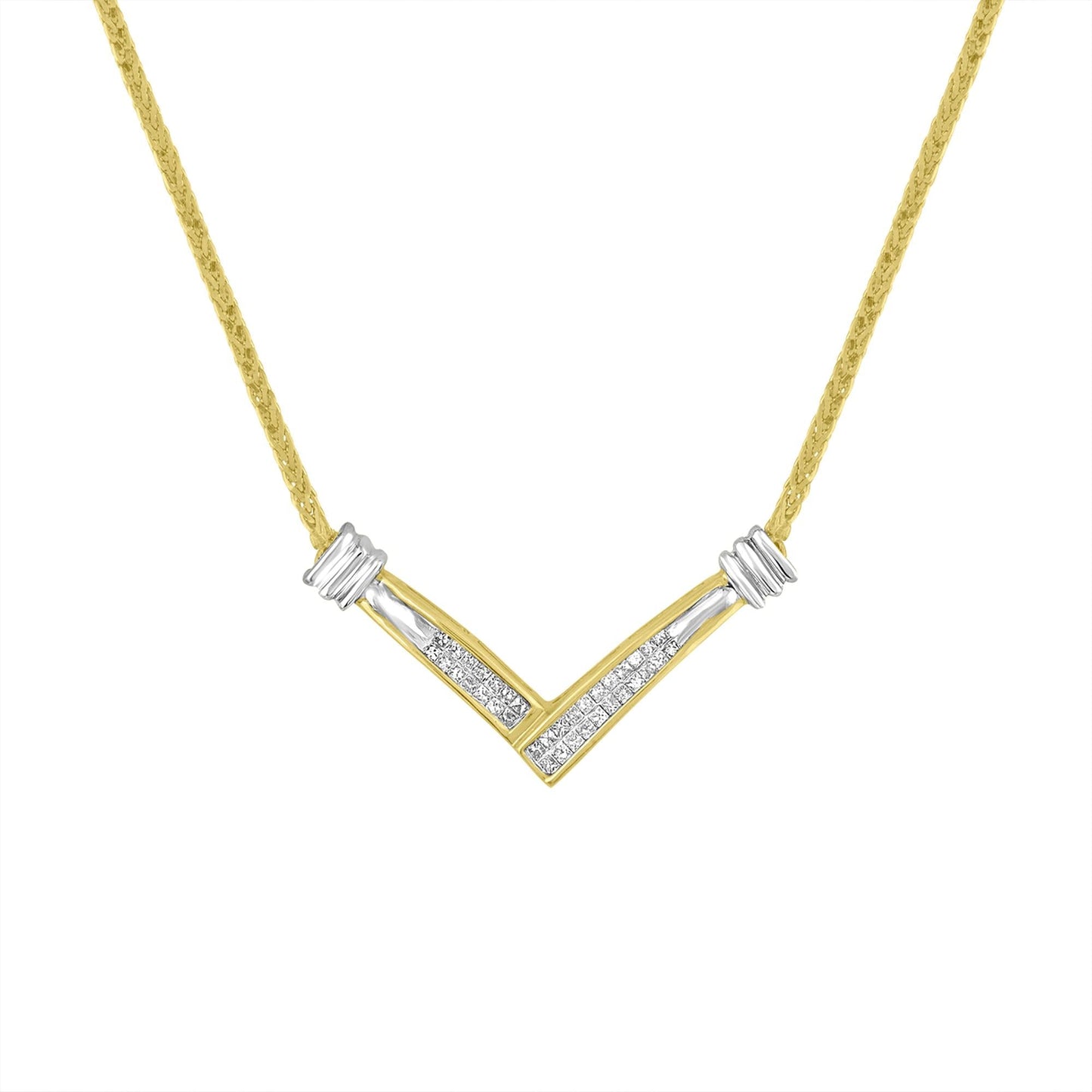 14K Yellow and White Gold 1/4 Cttw Princess Cut Diamond Channel-Set “V” Shape 18" Pendant Necklace (H-I Color, SI2-I1 Clarity) - Bijoux-NYC Direct