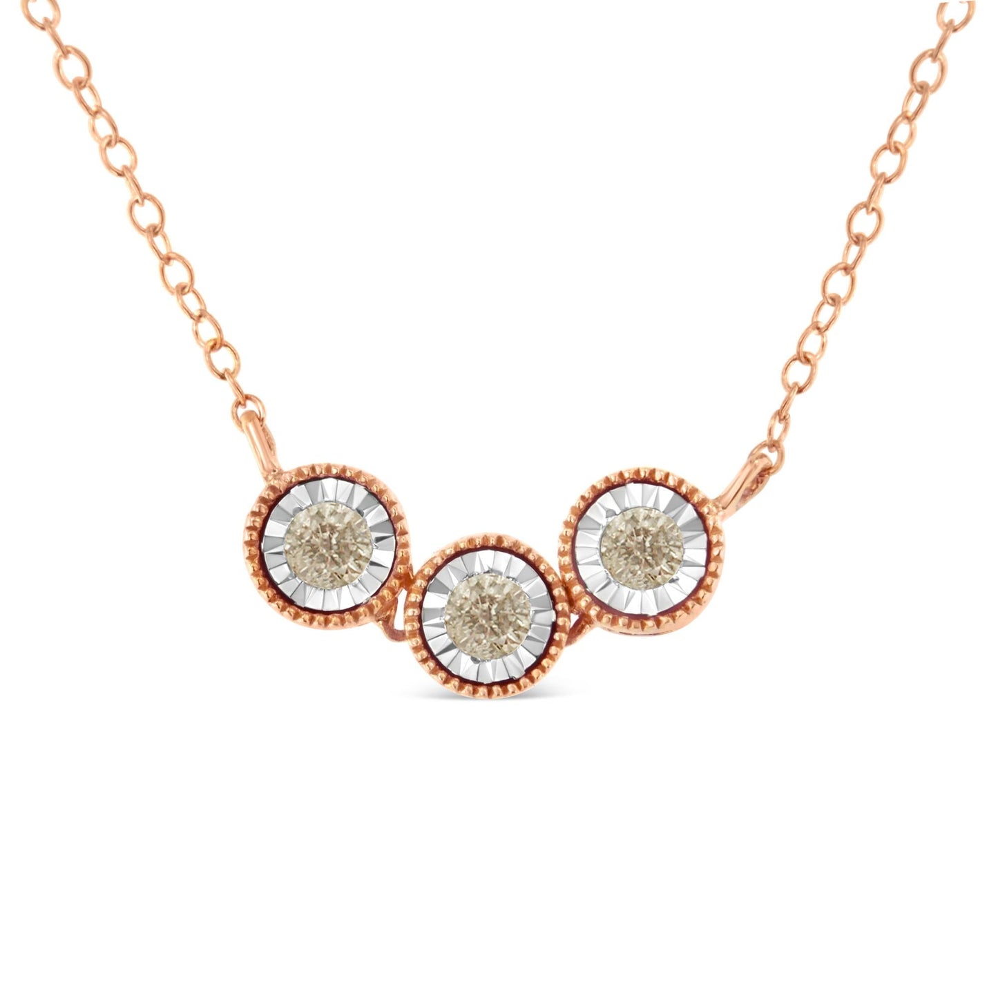 10K Rose and White Gold Plated .925 Sterling Silver 1/4 Cttw Miracle-Set Champagne Diamond Triple Circle 18" Necklace (I2-I3 Clarity) - Bijoux-NYC Direct