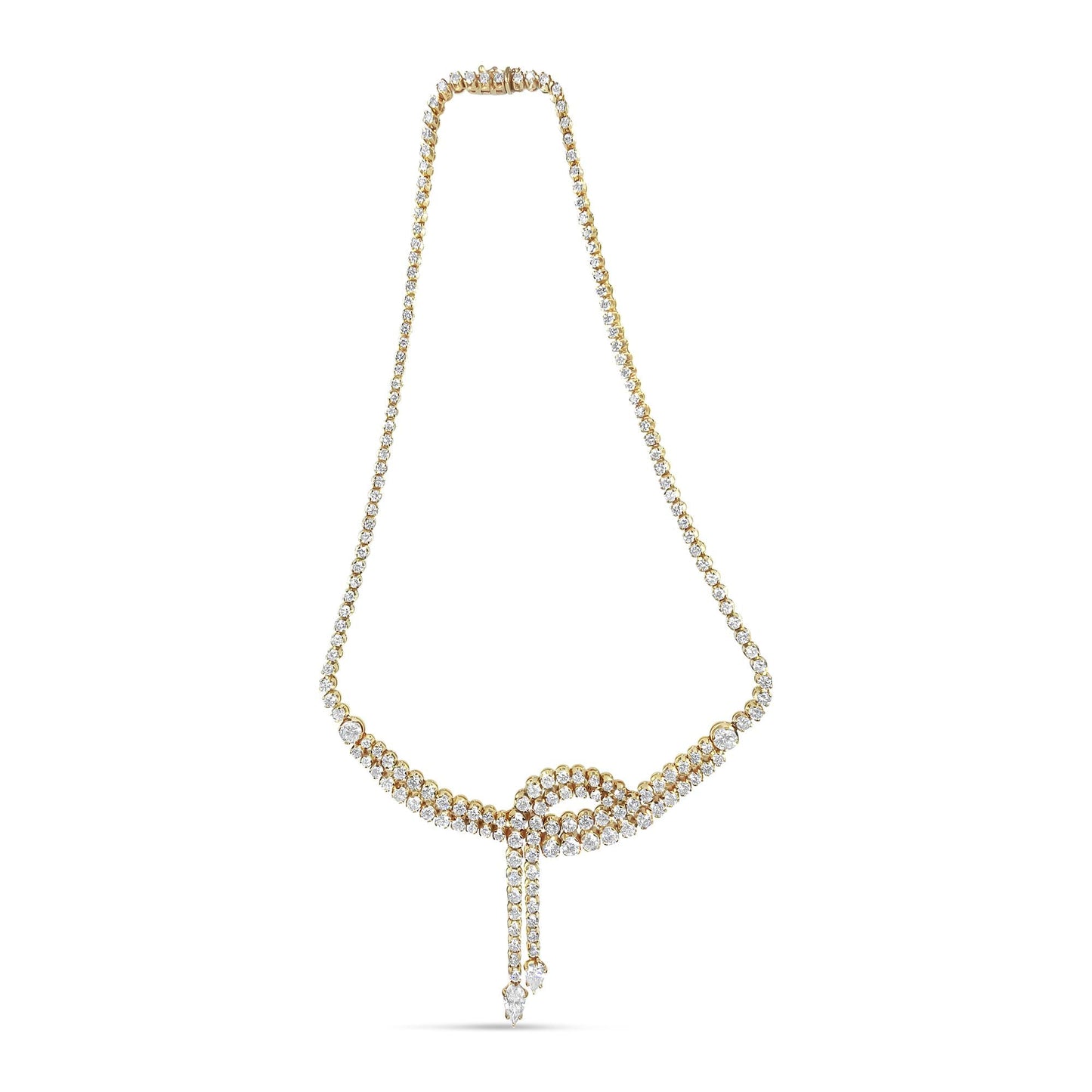 14k Yellow Gold 17.0 Cttw Diamond Double Row Lariat 18" Inch Tennis Necklace with Pear Shape Diamond Drop Tips (I-J Color, VS2-SI1 Clarity) - Bijoux-NYC Direct