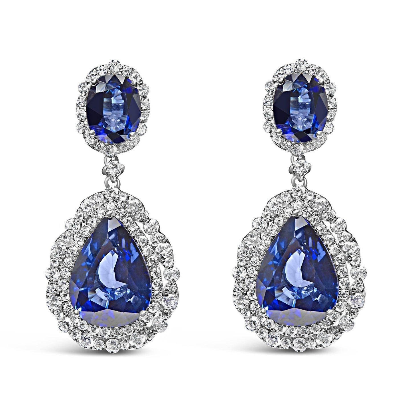 18K White Gold Blue Sapphire 2 3/4 Cttw Diamond Halo Drop Dangle Earring (G-H Color, SI1-SI2 Clarity) - Bijoux-NYC Direct