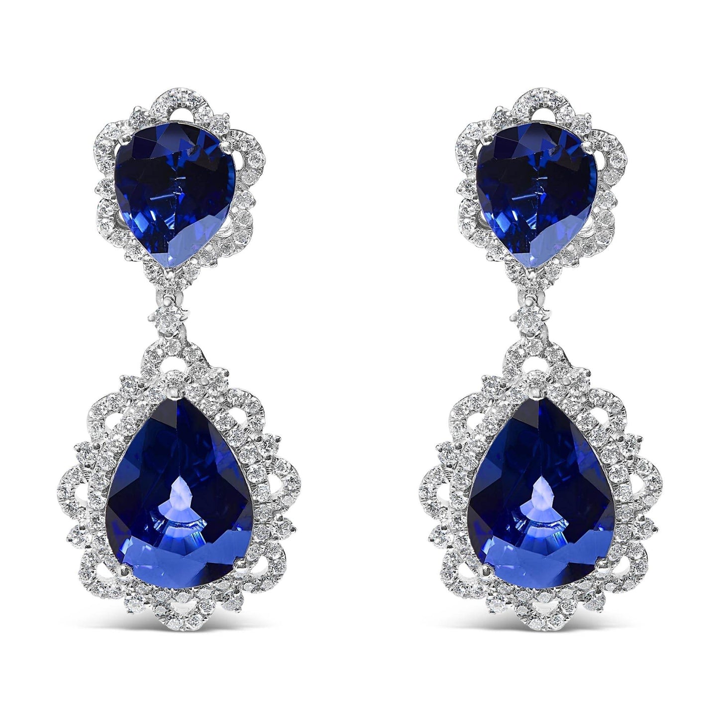 18K White Gold Blue Sapphire and Diamond 2.00 Cttw Diamond Halo Drop and Dangle Earring (G-H Color, SI1-SI2 Clarity) - Bijoux-NYC Direct
