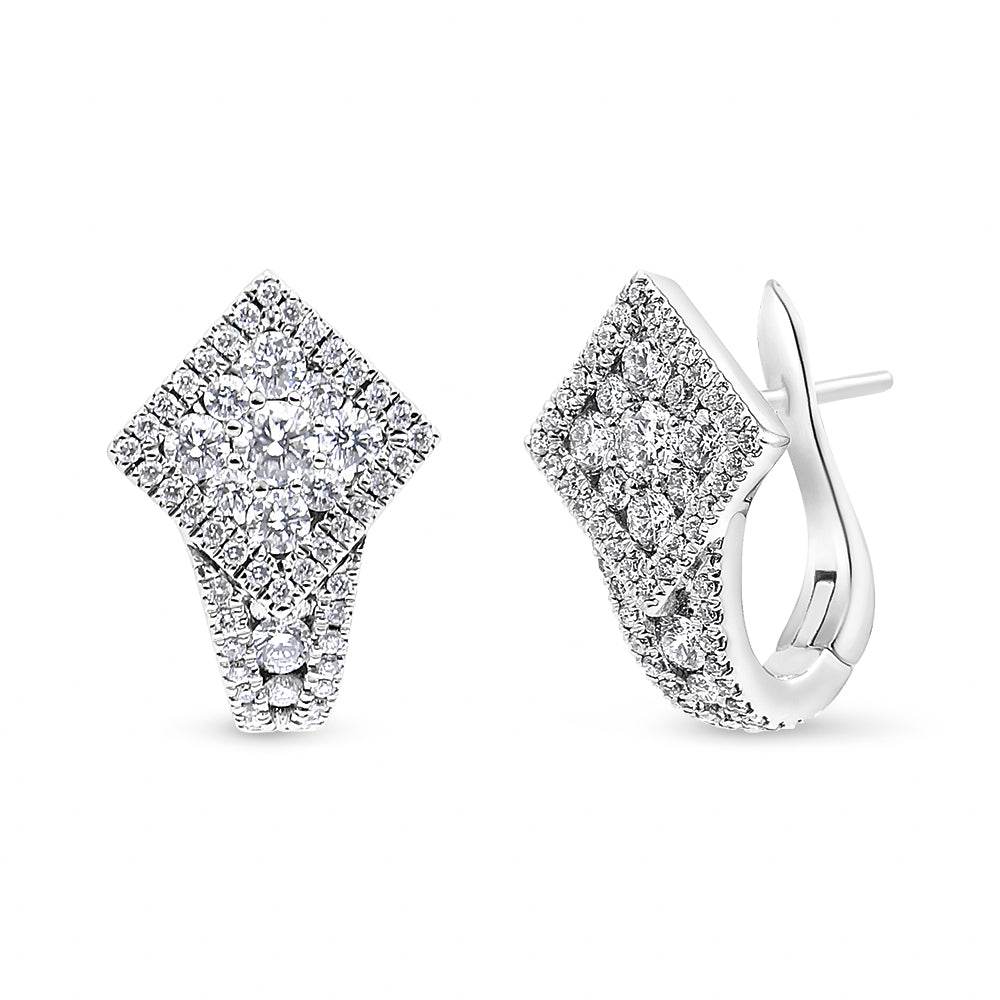18K White Gold 1 1/10 Cttw Round Diamond Cluster with Halo Hoop Huggie Earring (F-G Color, VS1-VS2 Clarity) - Bijoux-NYC Direct