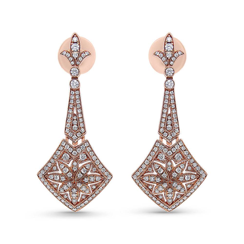 18K Rose Gold 1 1/3 Cttw Diamond Studded Fleur De Lis Trellis Style Drop and Dangle Earring (F-G Color, VS1-VS2 Clarity) - Bijoux-NYC Direct