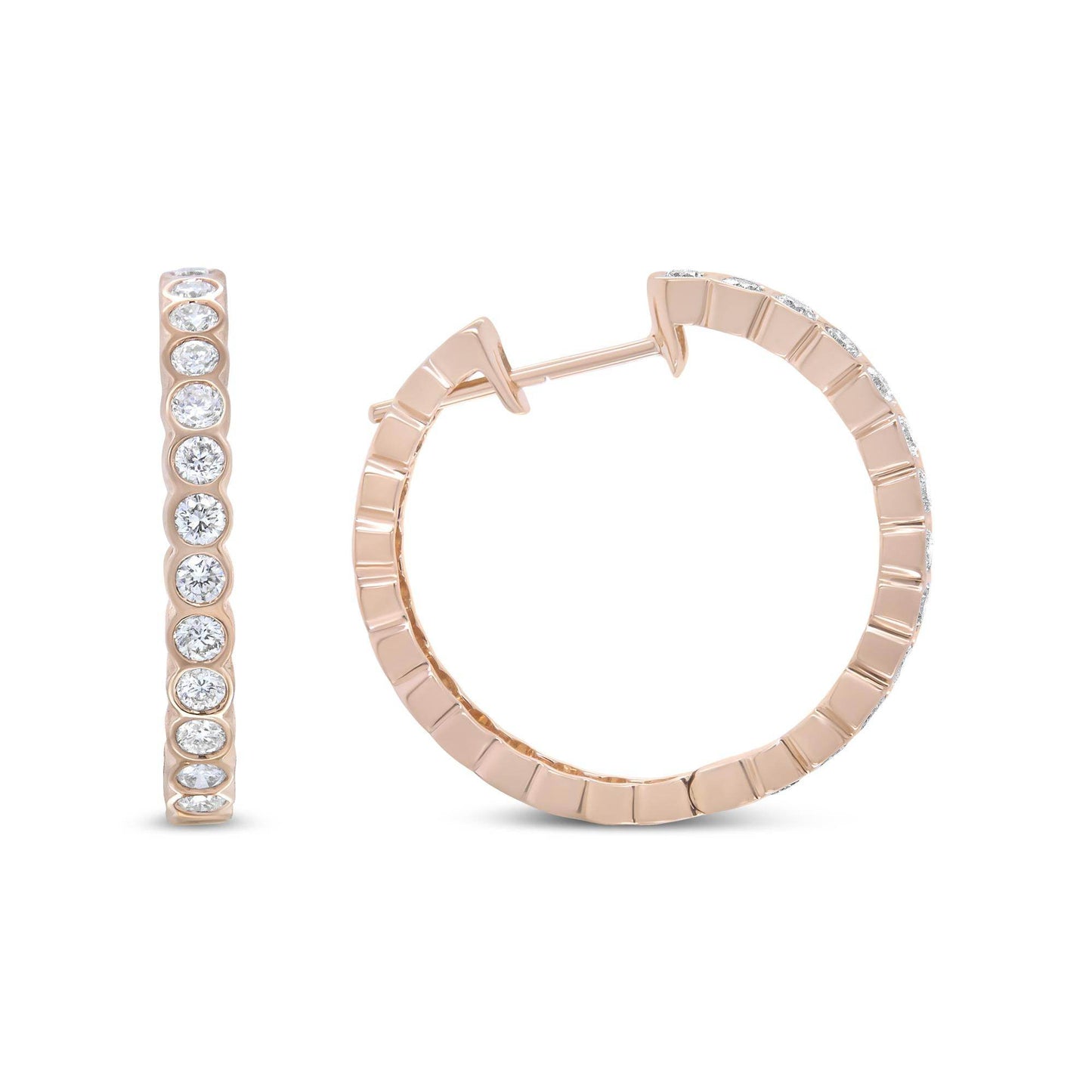 18K Rose Gold 1 Cttw Round Bezel-Set Diamond Hoop Earrings (F-G Color, VS1-VS2 Clarity) - Bijoux-NYC Direct