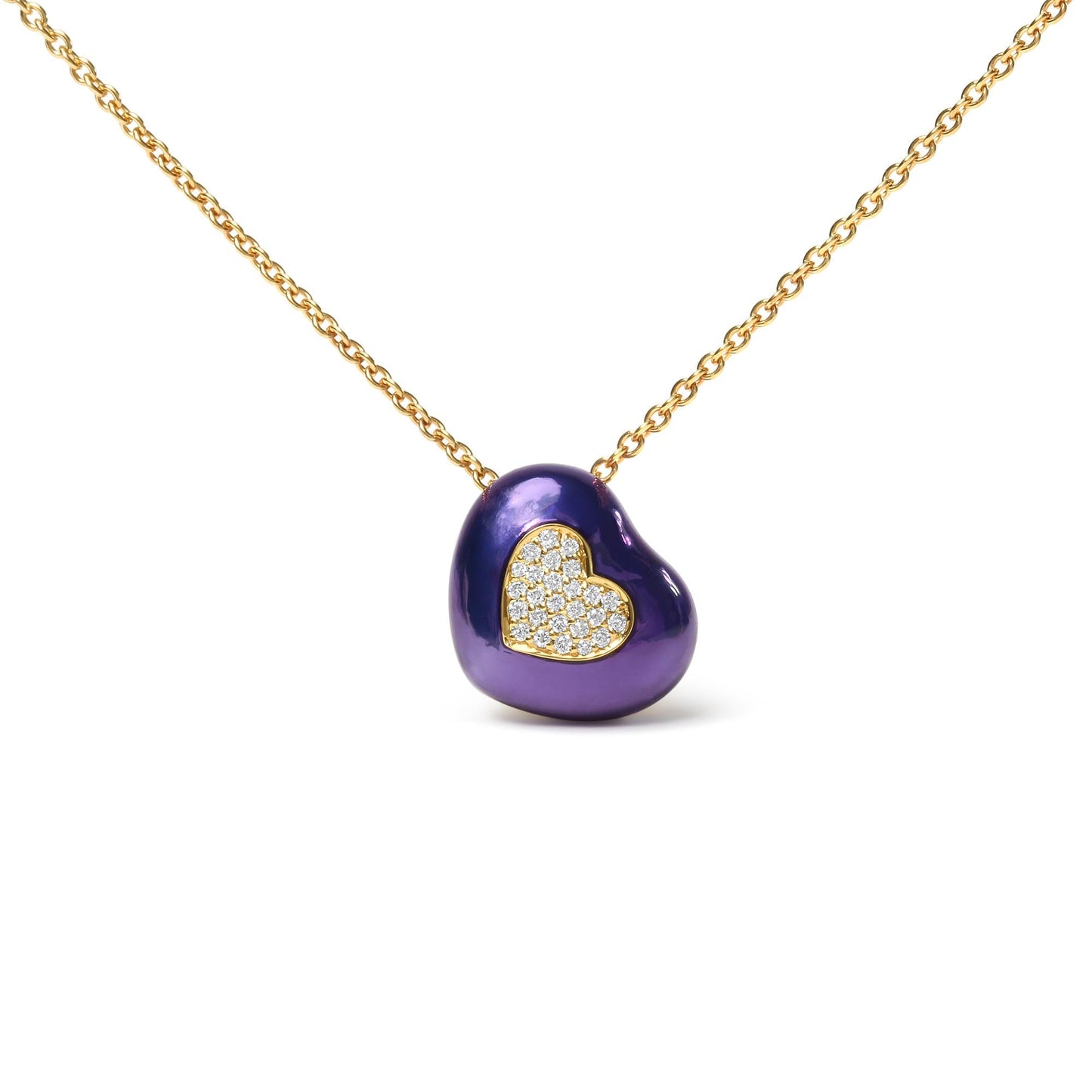 18K Yellow Gold Blue Enamel 1/10 Cttw Round Pave Diamonds Heart Shape 18" Pendant Necklace (G-H Color, SI1-SI2 Clarity) - Adjustable up to 16" - 18" - Bijoux-NYC Direct