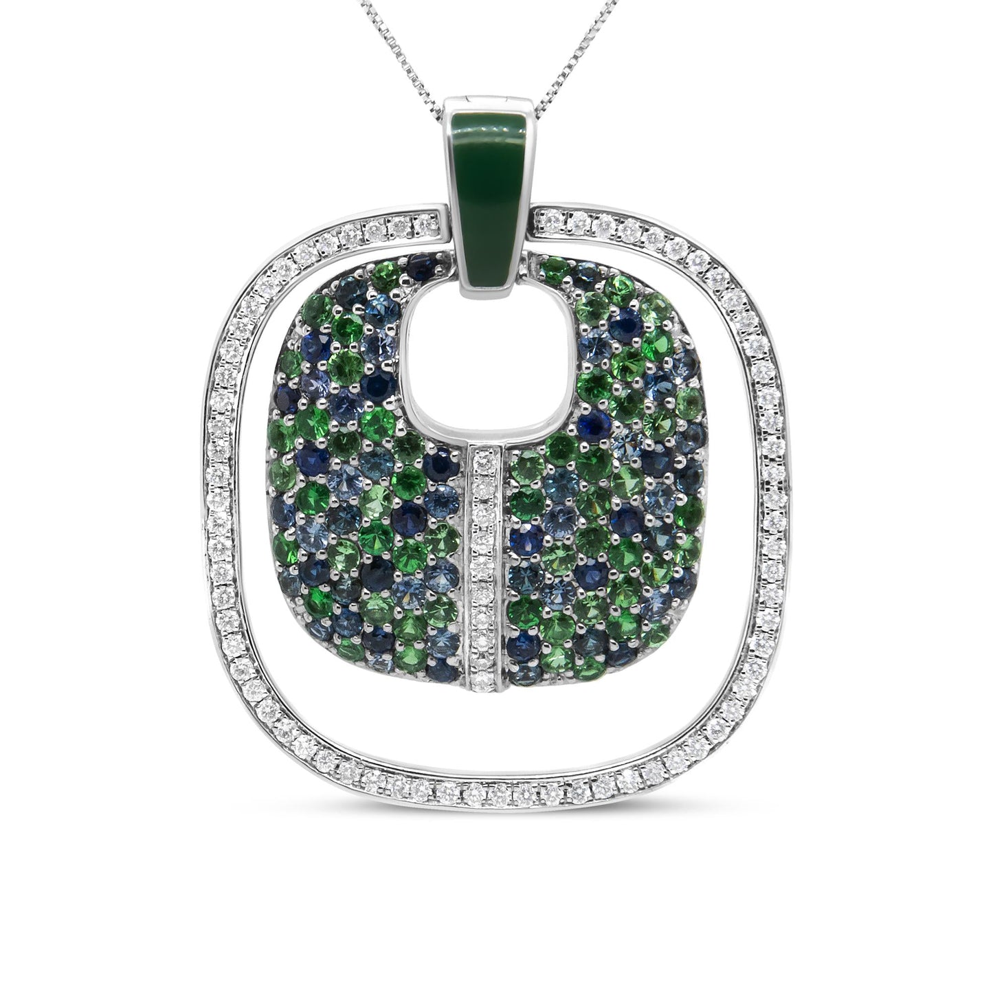 .925 Sterling Silver Green Enamel Pendant with 1/2 Cttw Diamond, Sapphire, and Tsavorite Openwork Statement 18" Pendant Necklace (F-G Color, VS1-VS2 Clarity) - Bijoux-NYC Direct