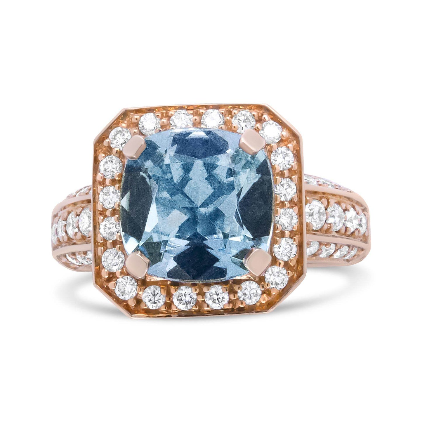 18K Rose Gold 10x10mm Cushion Shaped Aquamarine and 1 1/8 Cttw Round Diamond Halo Ring (F-G Color, VS1-VS2 Clarity) - Bijoux-NYC Direct