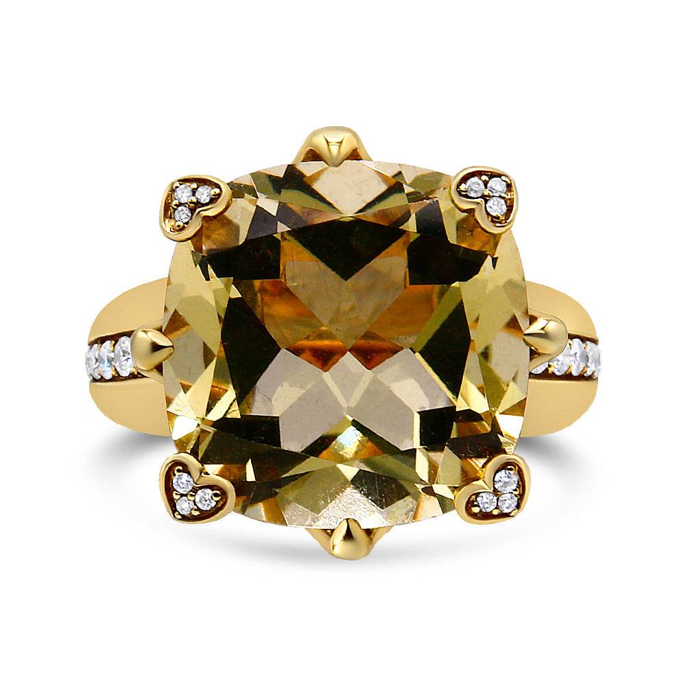 18K Yellow Gold 15x15mm Cushion Cut Lemon Quartz and 1/4 Cttw Diamond Accented Cocktail Ring (F-G Color, VS1-VS2 Clarity) - Bijoux-NYC Direct