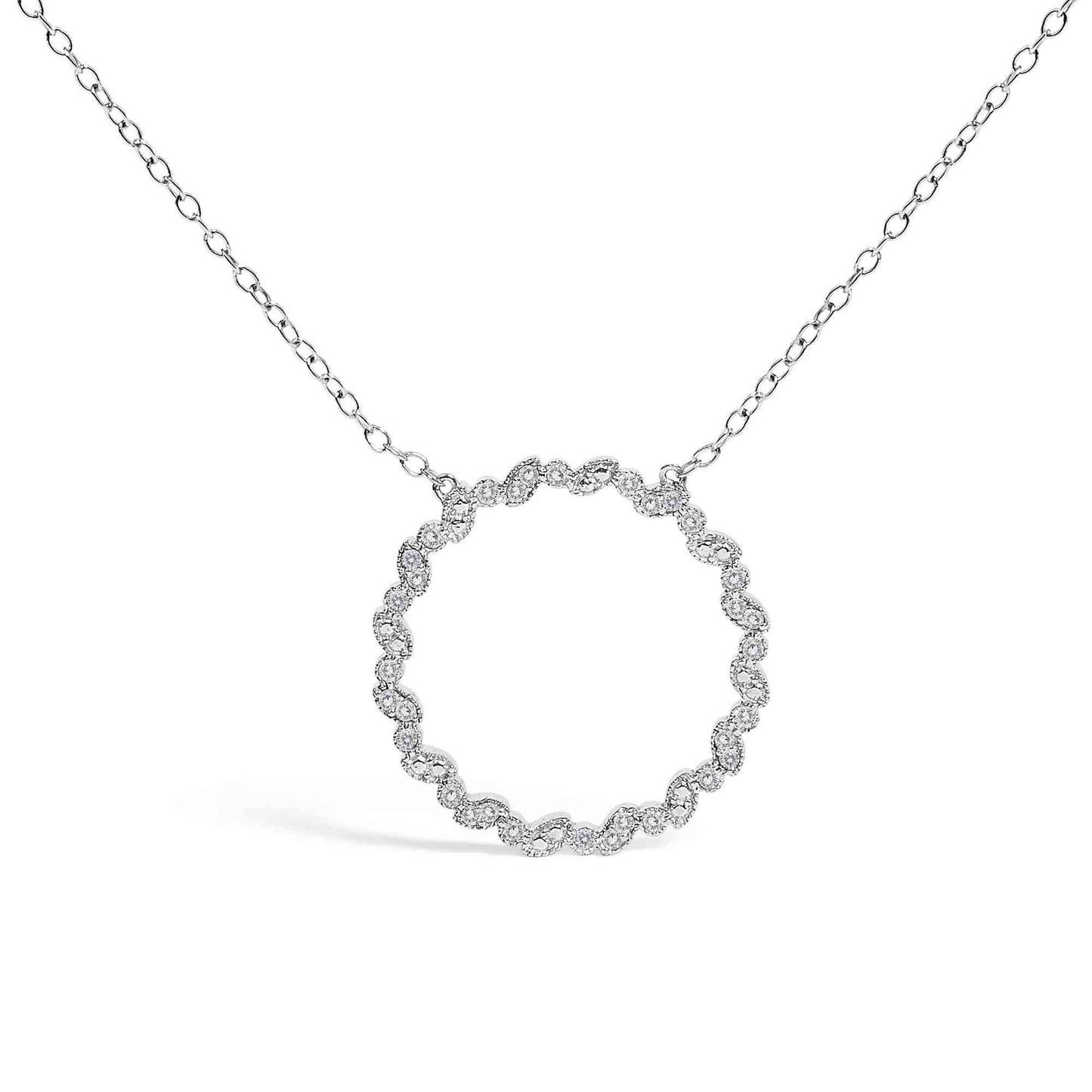 .925 Sterling Silver 1/7 Cttw Lab Grown Diamond Beaded Love Circle Pendant Necklace - Size 18 Inches - Bijoux-NYC Direct