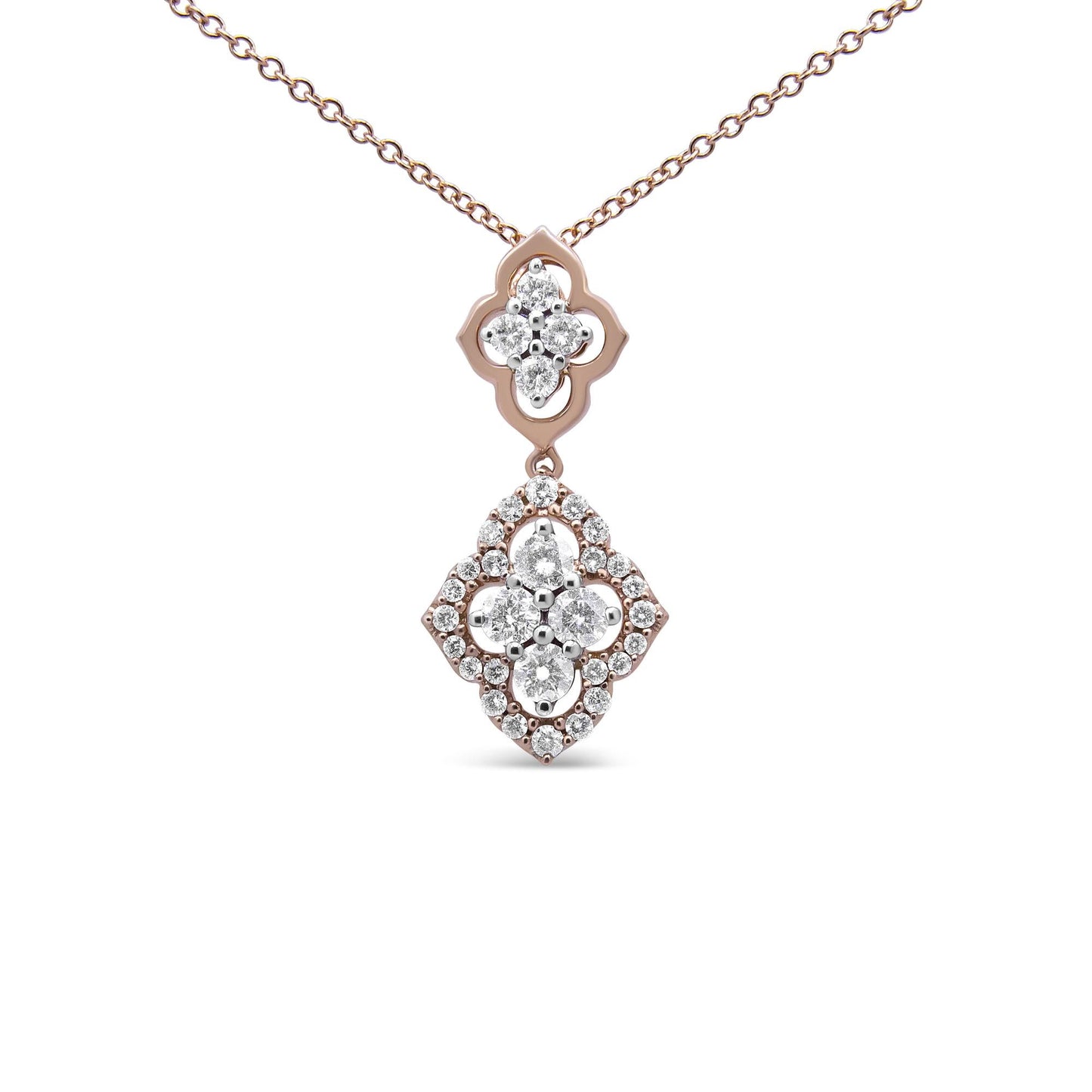 14K Rose Gold 3/4 Cttw Round Diamond Double Quatrefoil Pendant 18" Necklace (H-I Color, I1-I2 Clarity) - Bijoux-NYC Direct