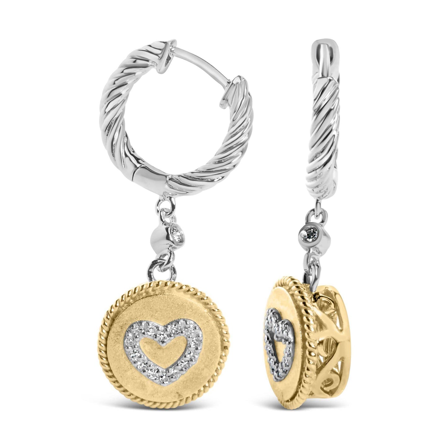 18K Yellow Gold Plated .925 Sterling Silver 1/8 Cttw Diamond Heart Medallion Drop and Dangle Earring (I-J Color, SI1-SI2 Clarity) - Bijoux-NYC Direct