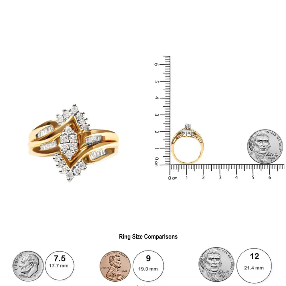 10K Two-Toned 1/2 Cttw Round And Baguette-Cut Composite Pear Head Diamond Ring (H-I Color, I2-I3 Clarity) - Bijoux-NYC Direct